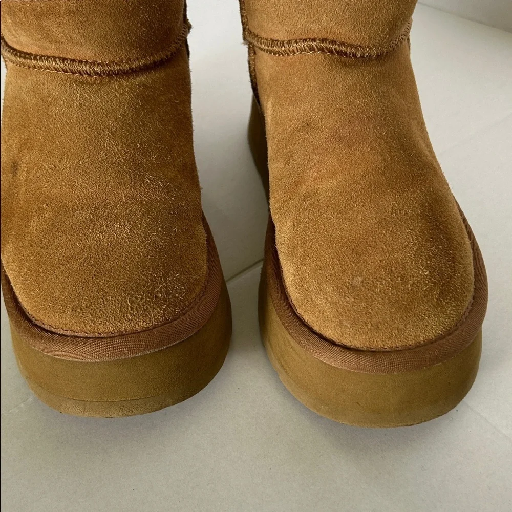 UGG CLASSIC WOMENS PLATFORM BROWN MINI BOOTS GENUINE LEATHER AND SHEEPSKIN SZ 5